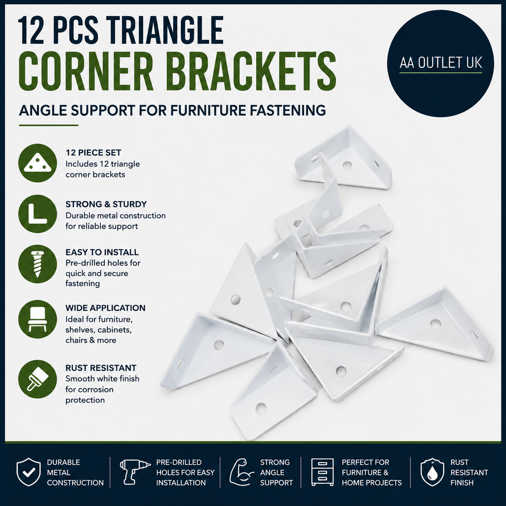 12pc Triangle Corner Brackets Angle Support Furniture Fastening White