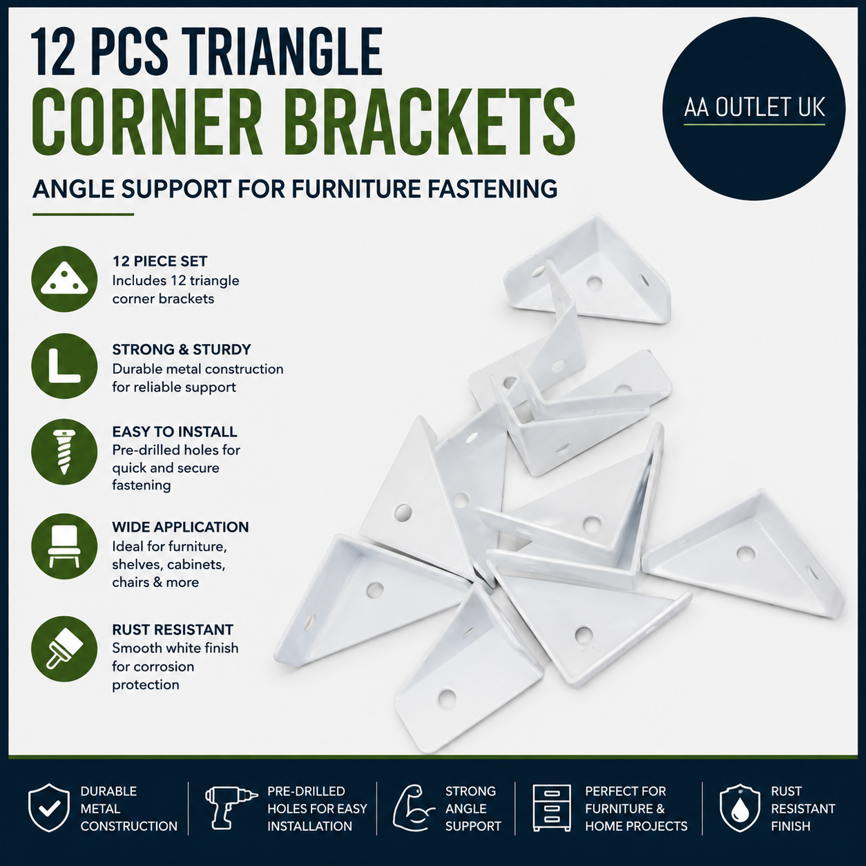 12pc Triangle Corner Brackets Angle Support Furniture Fastening White
