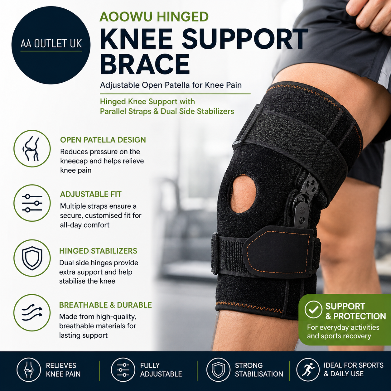 Aoowu Hinged Knee Support Brace Adjustable Open Patella Pain Dual Stabilizer XXL