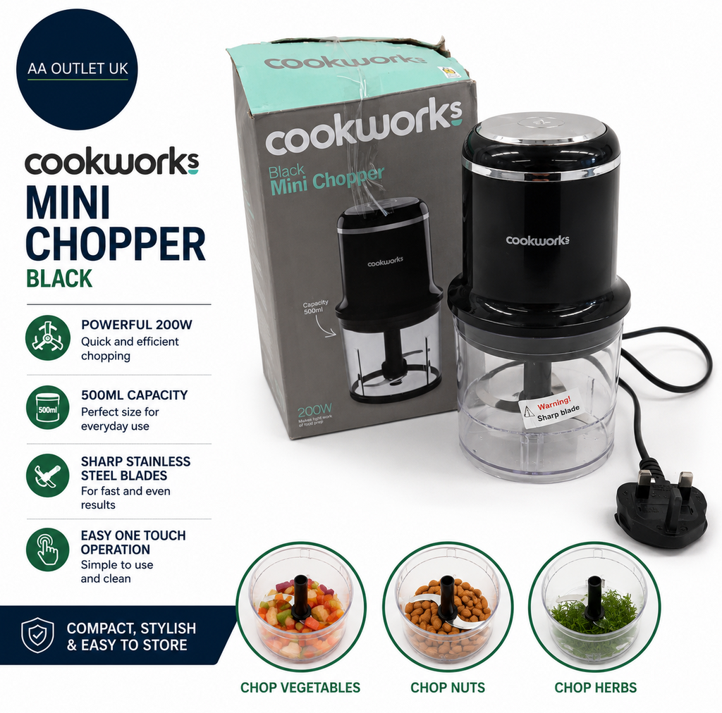 Cookworks CH1117BN Mini Chopper Black 200 Watts 0.5L Capacity Removable Blades