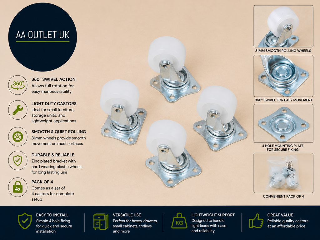 Fixman 372189 Light Duty Swivel Castors 31mm Wheels 4 Pieces Durable Design New