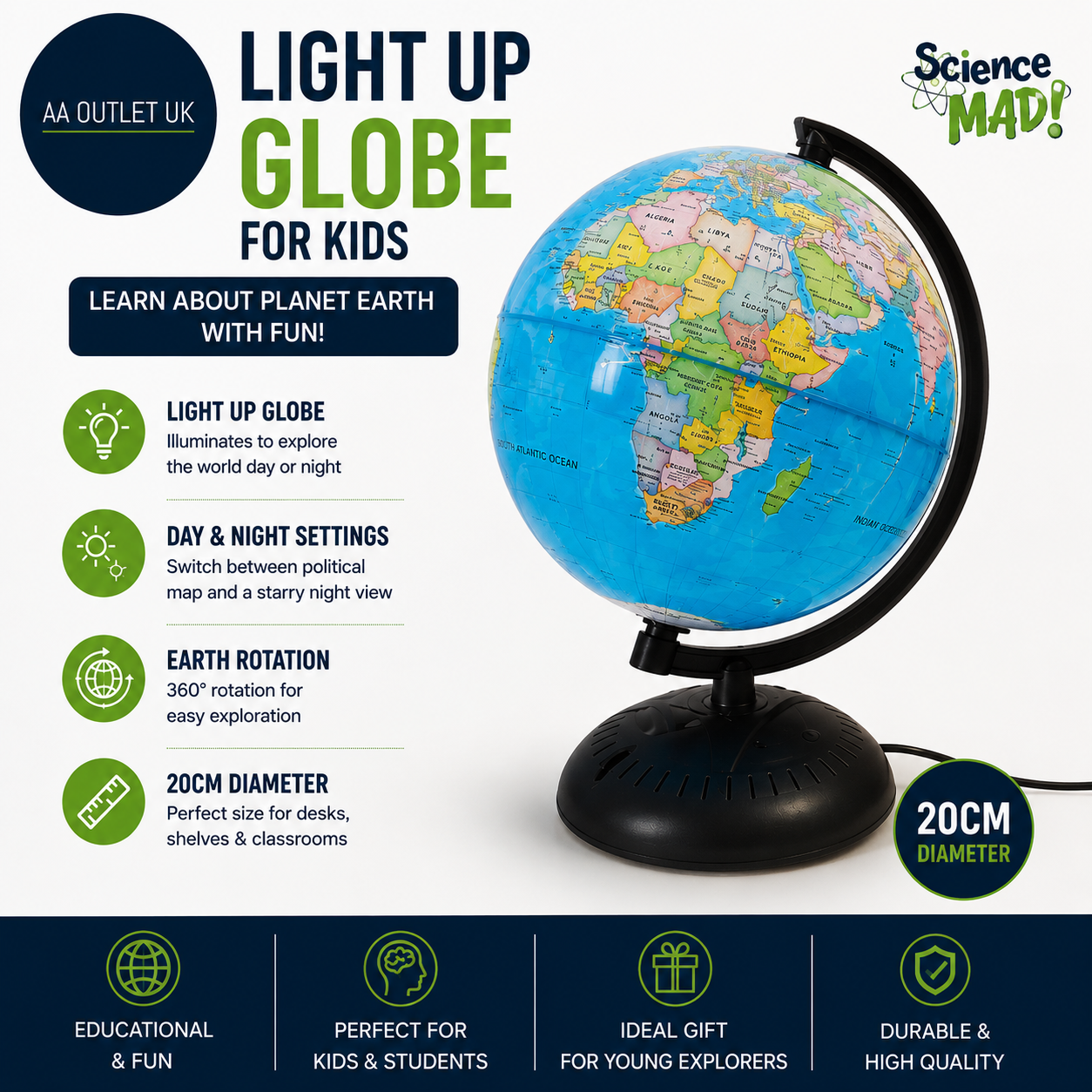 Science Mad Light Up Globe Kids Learn About Planet Earth Fun Features 20cm