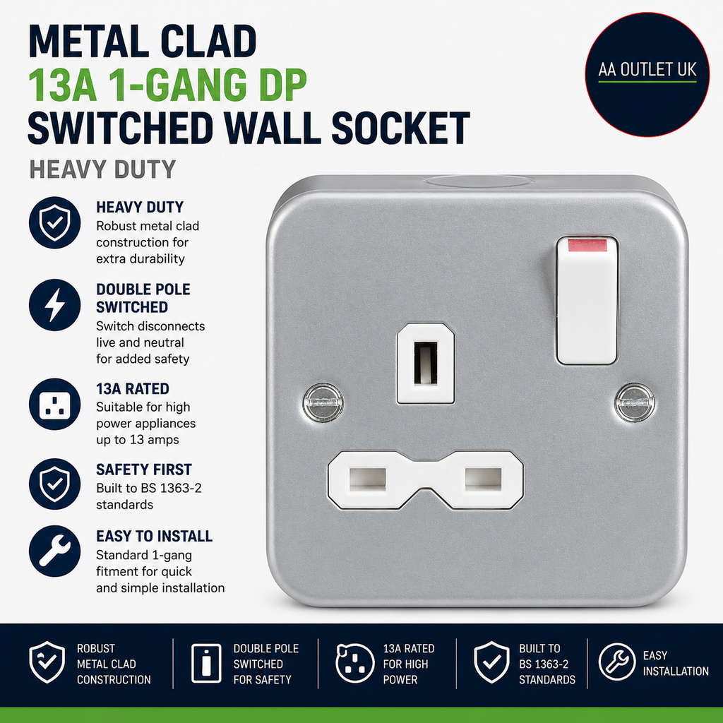 Metal Clad 13A 1-Gang Double Pole Switched Wall Socket Heavy Duty Modern Design