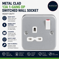 Metal Clad 13A 1-Gang Double Pole Switched Wall Socket Heavy Duty Modern Design