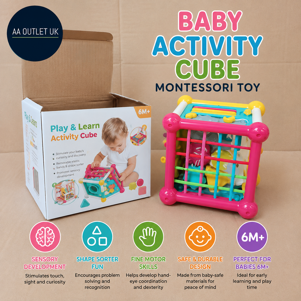 6 in 1 Baby Activity Cube Montessori Toy Shape Sorter Sensory Learning 6M+