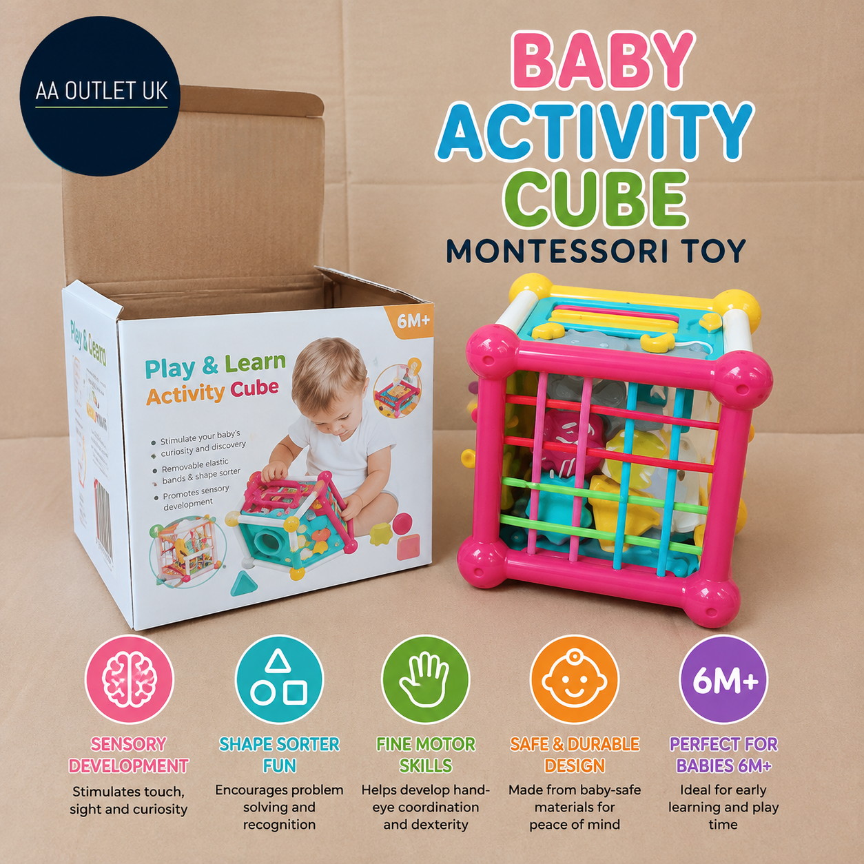6 in 1 Baby Activity Cube Montessori Toy Shape Sorter Sensory Learning 6M+