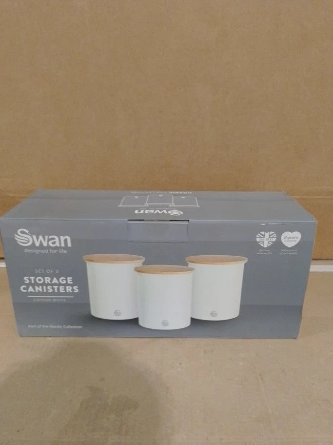 Swan 3 Nordic Scandi Storage Tea Coffee Sugar Canisters Cotton White Steel