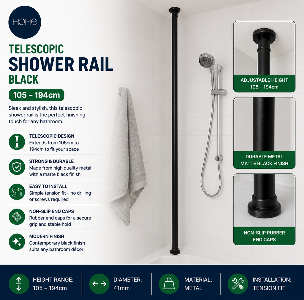 HomeTelescopic Shower Rail Black 1020x41cm Extends 105cm To 194cm