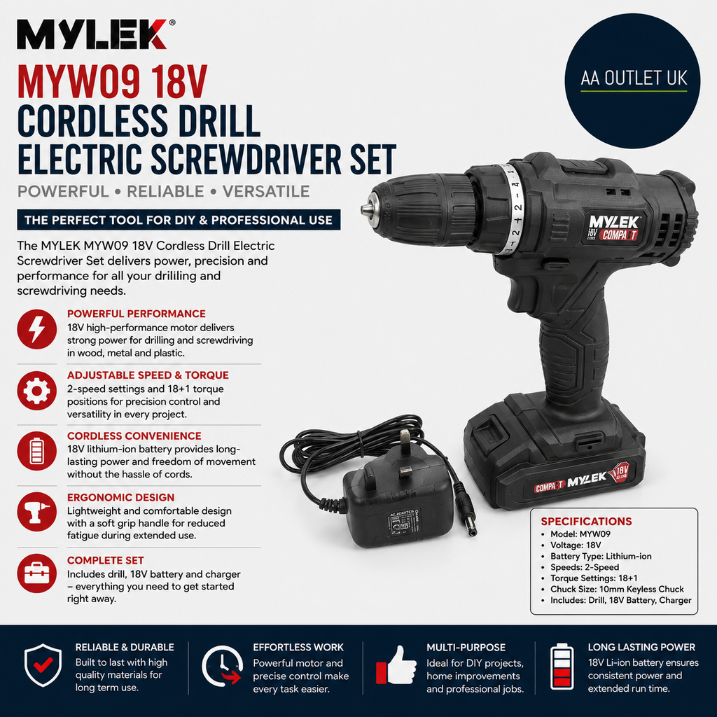 Mylek MYW09 18V Cordless Drill Electric Screwdriver Set Powerful Lithium