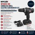 Mylek MYW09 18V Cordless Drill Electric Screwdriver Set Powerful Lithium
