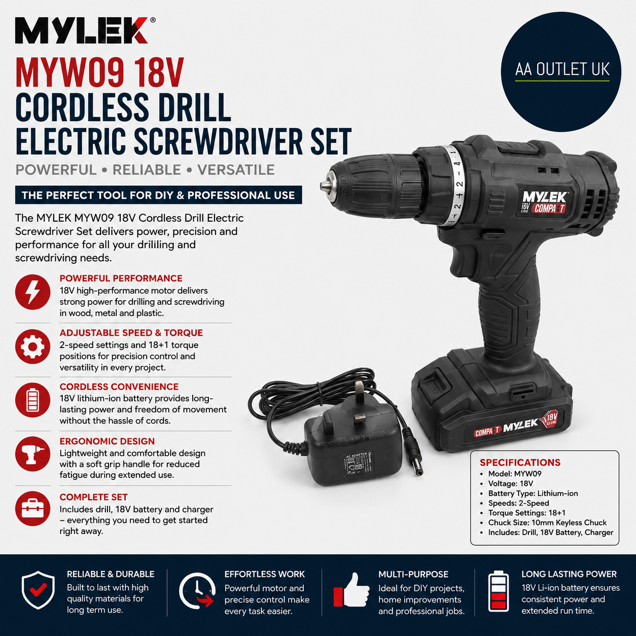 Mylek MYW09 18V Cordless Drill Electric Screwdriver Set Powerful Lithium