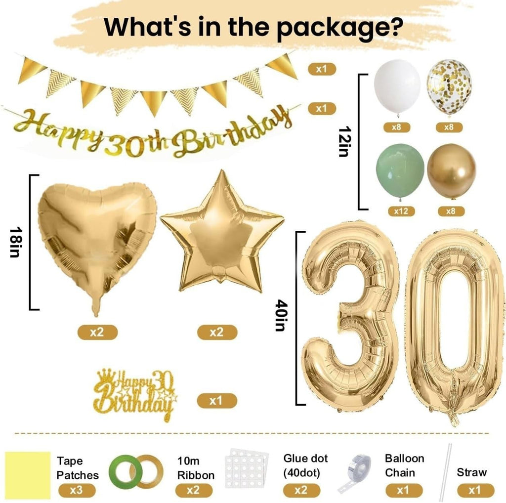 30th Birthday Decorations Green Gold Banner Cake Topper Number Balloon Party New
