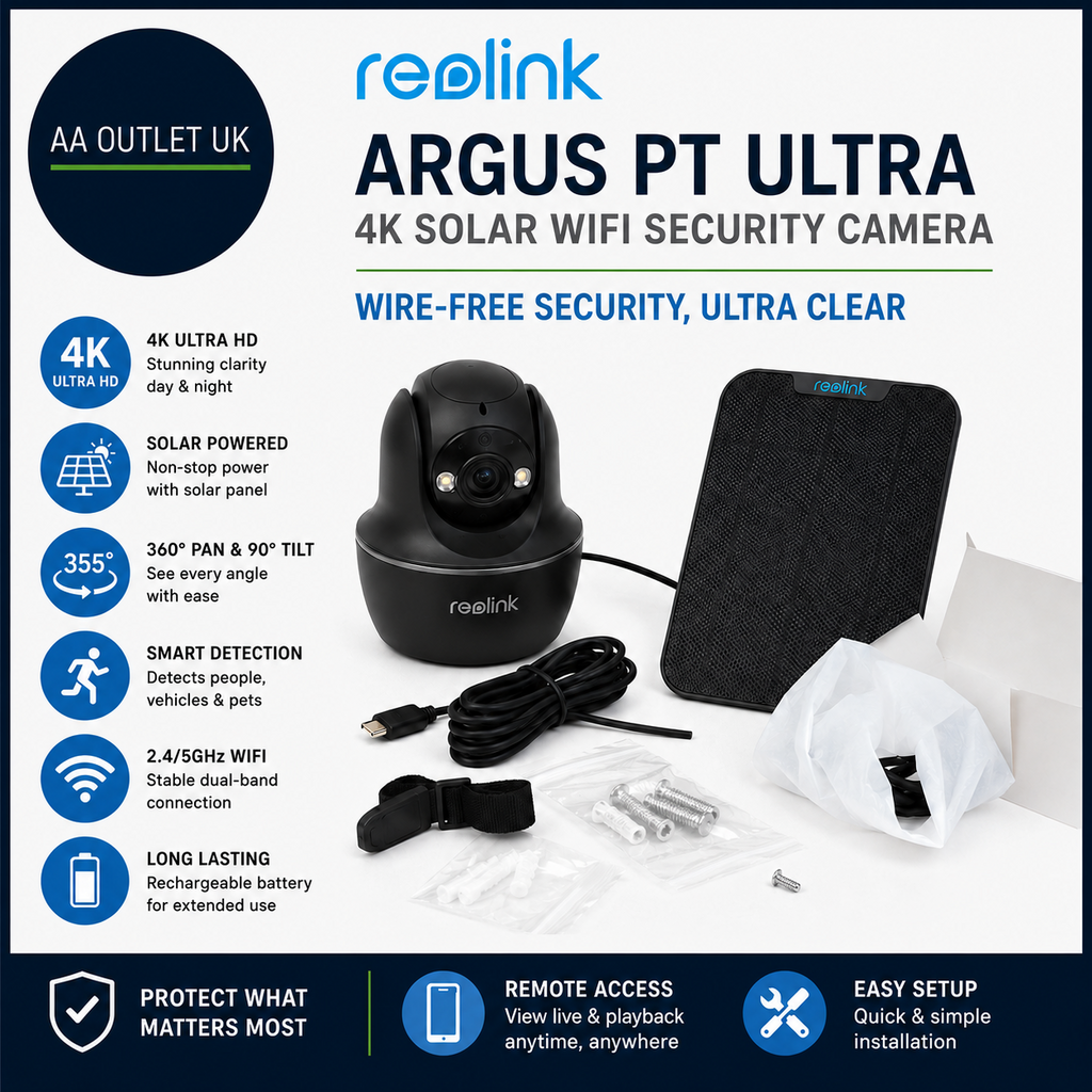 Reolink Argus PT Ultra 4K Solar WiFi Security Camera Solar Panel Black Design