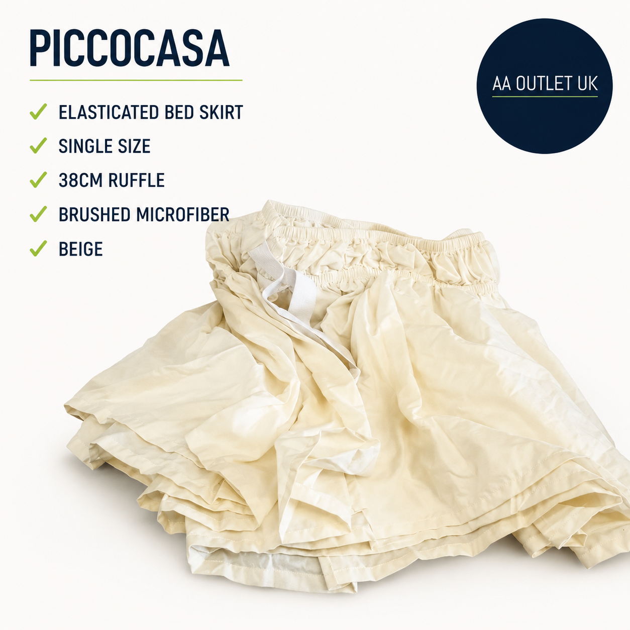 PiccoCasa Elasticated Bed Skirt 38cm Ruffled Base Wrap Around Bed Single Beige