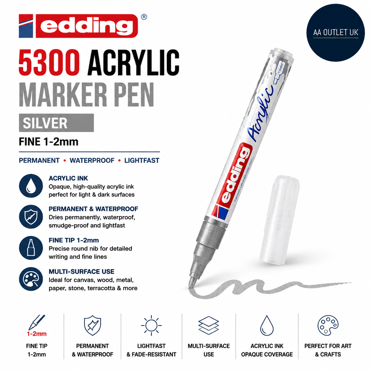 Edding 5300 Acrylic Marker Silver Fine 1-2mm Waterproof Paint Pen Art Canvas