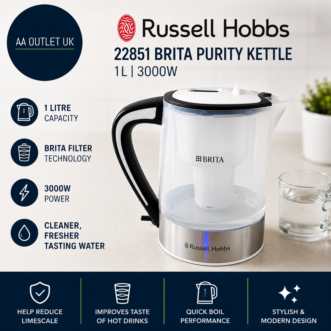 Russell Hobbs 22851 Brita Purity Kettle 1L Capacity 3000W Transparent