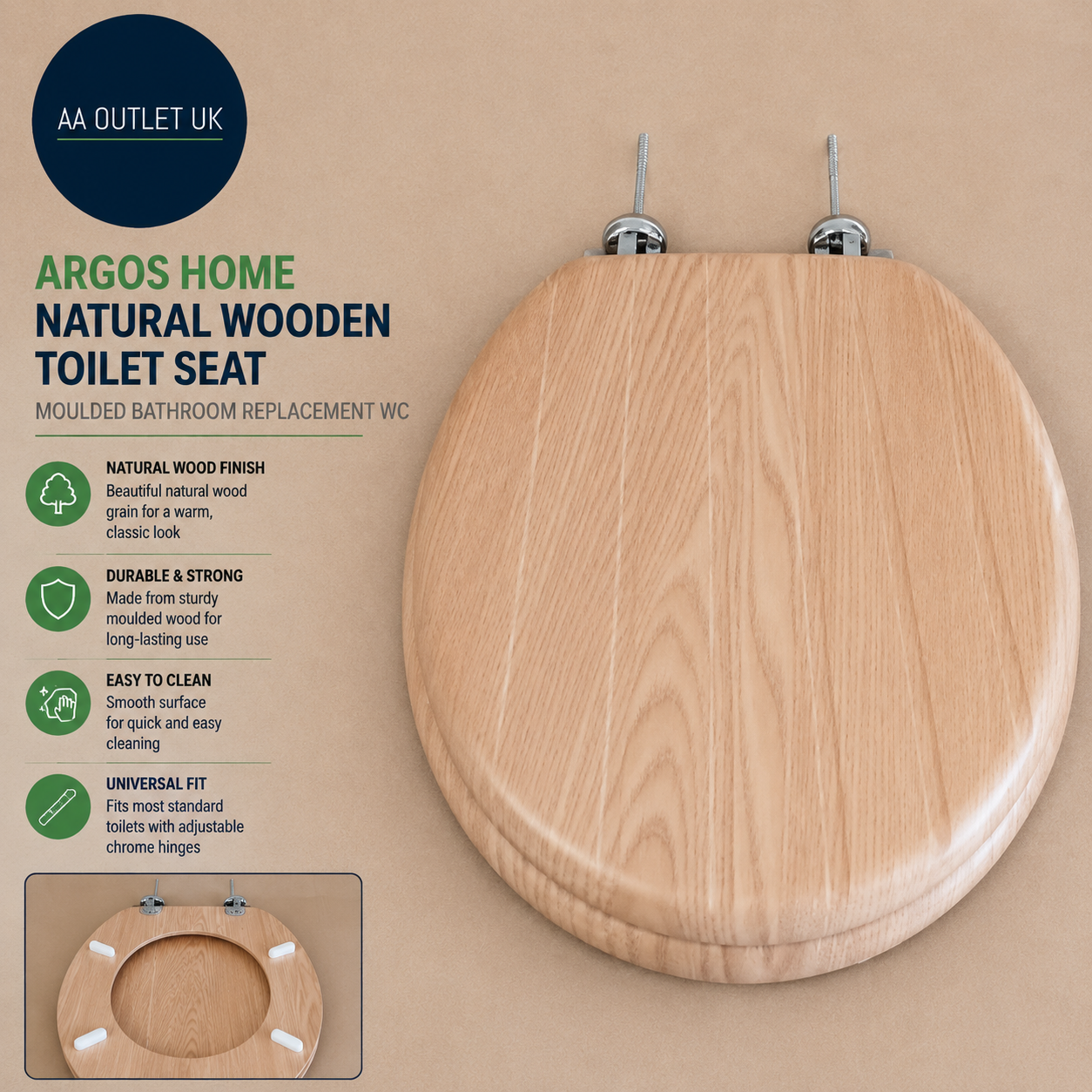 Argos Home Natural Wooden Toilet Seat Moulded Bathroom Replacement WC Design