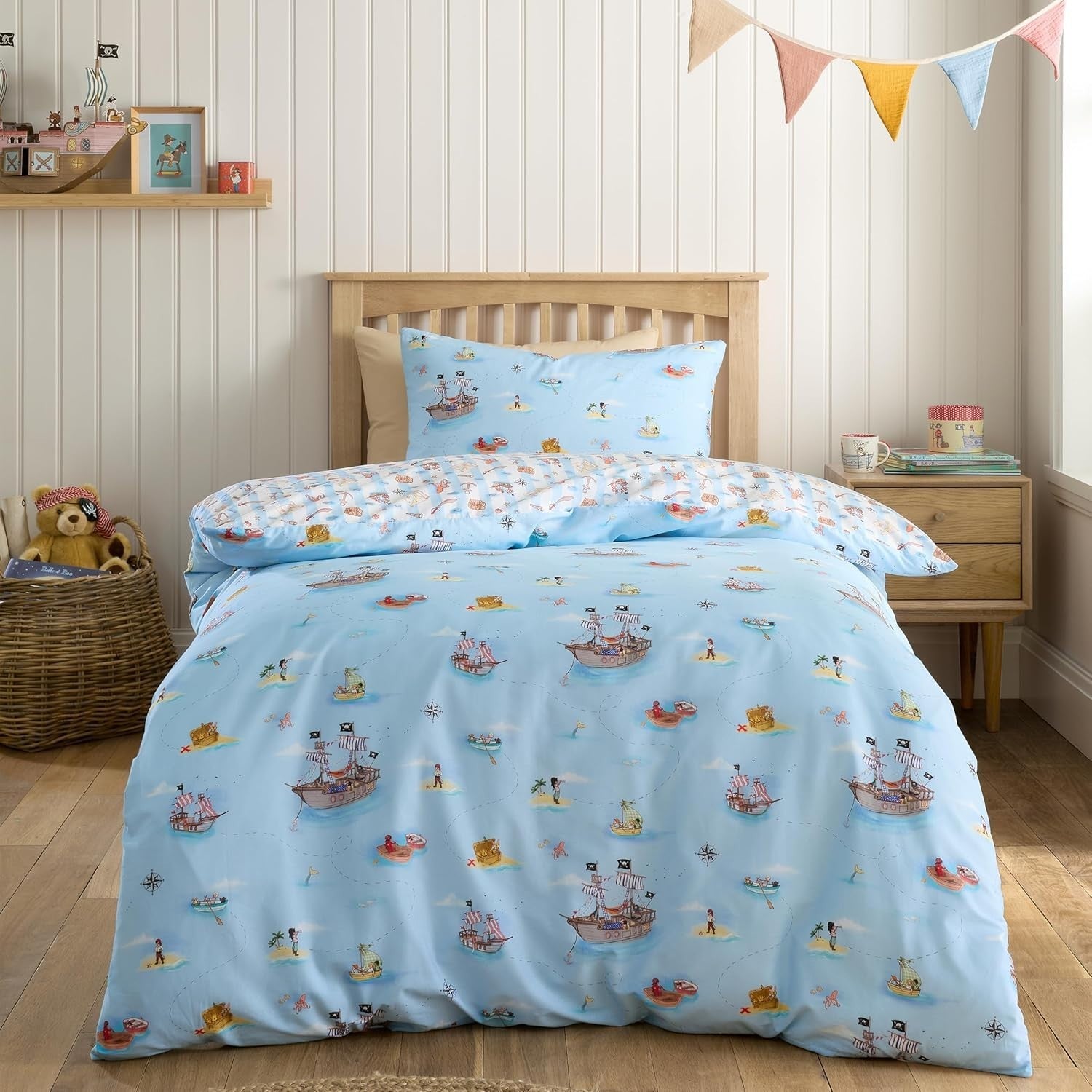 Belle & Boo Pirates Reversible Cotton Single Duvet Cover Set Pillowcase Blue New