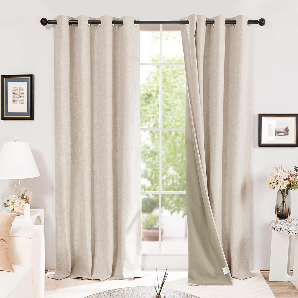 Deconovo Total Blackout Eyelet Curtains Faux Linen Khaki 66x72in Pair Design New