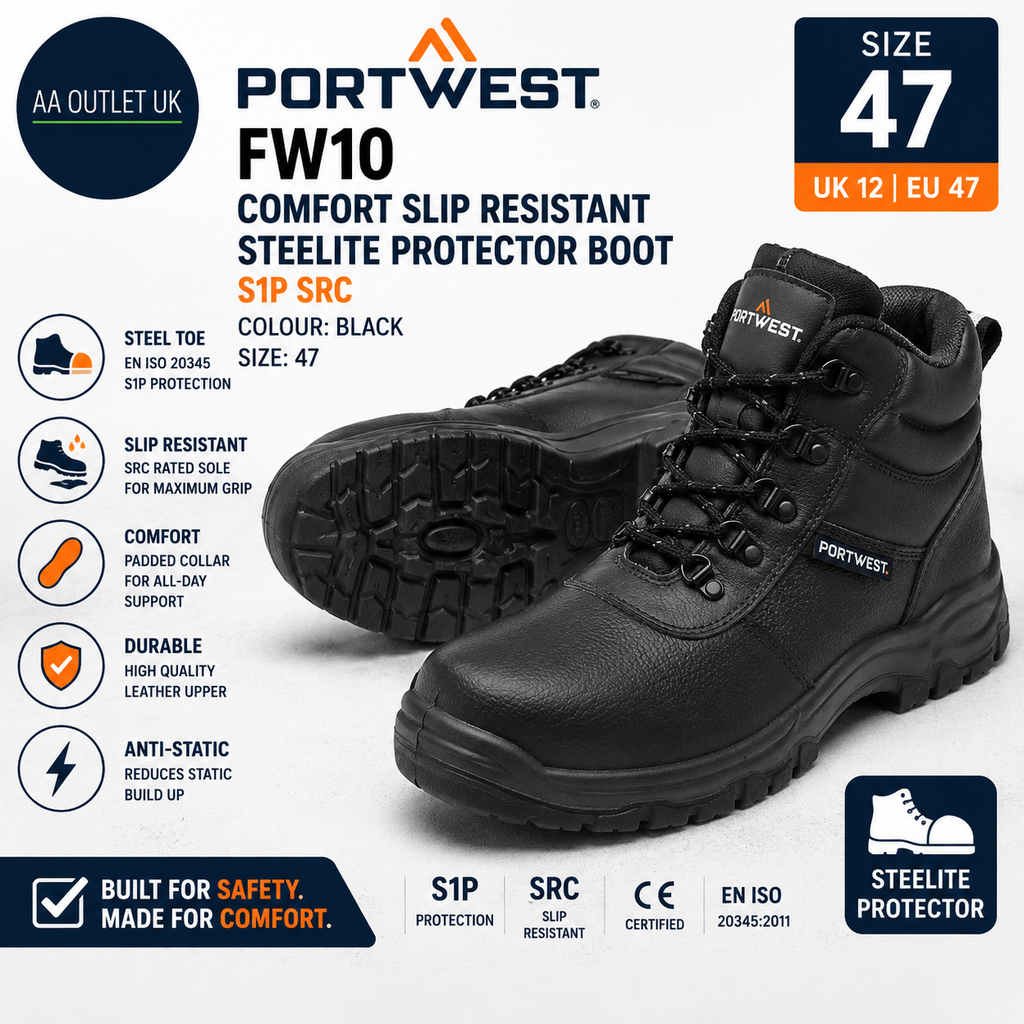 Portwest FW10 Comfort Slip Resistant Steelite Protector Boot S1P Black UK 12 New
