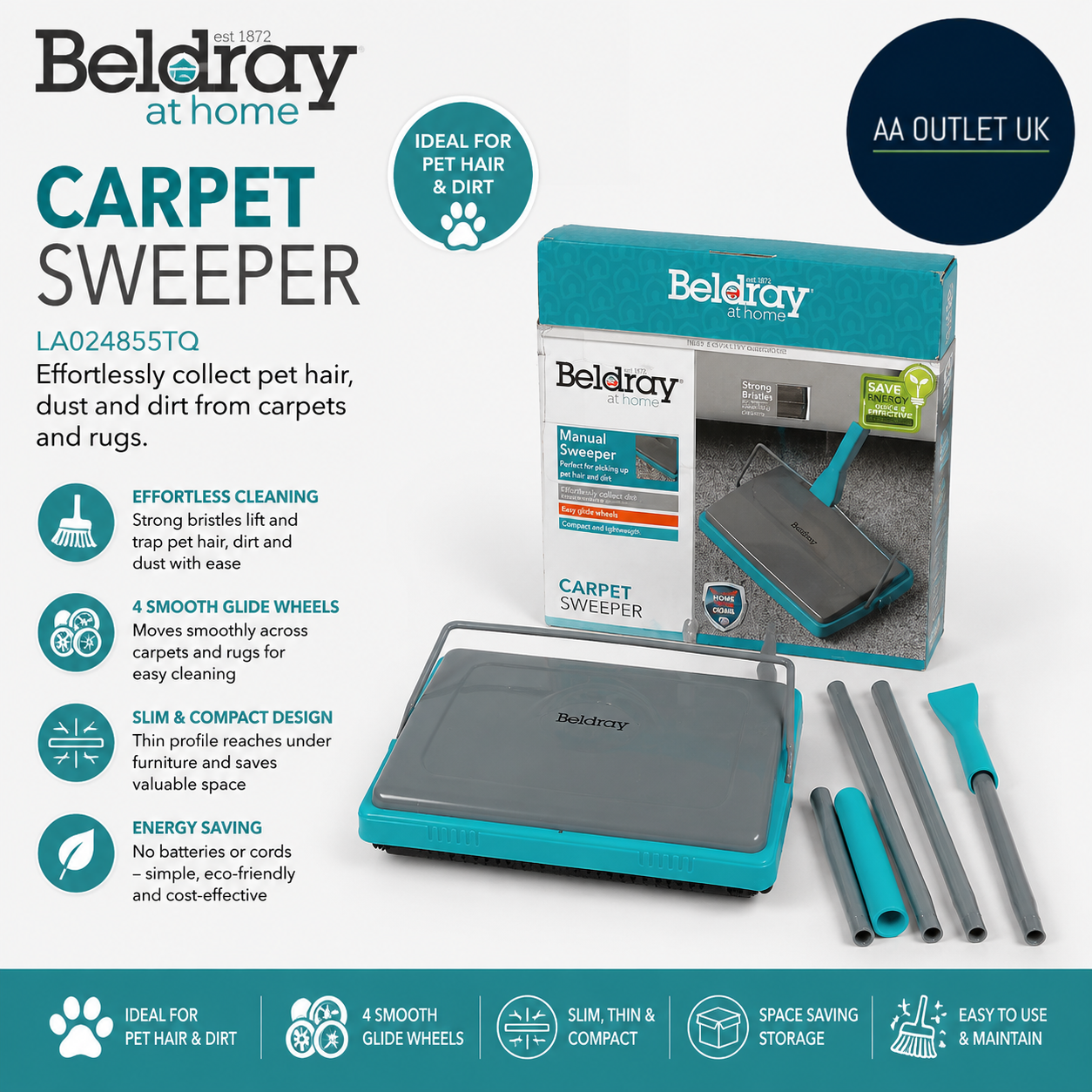 Beldray LA024855TQ Carpet Broom Collecting Dirts Glide Easily 7.87x36.22cm