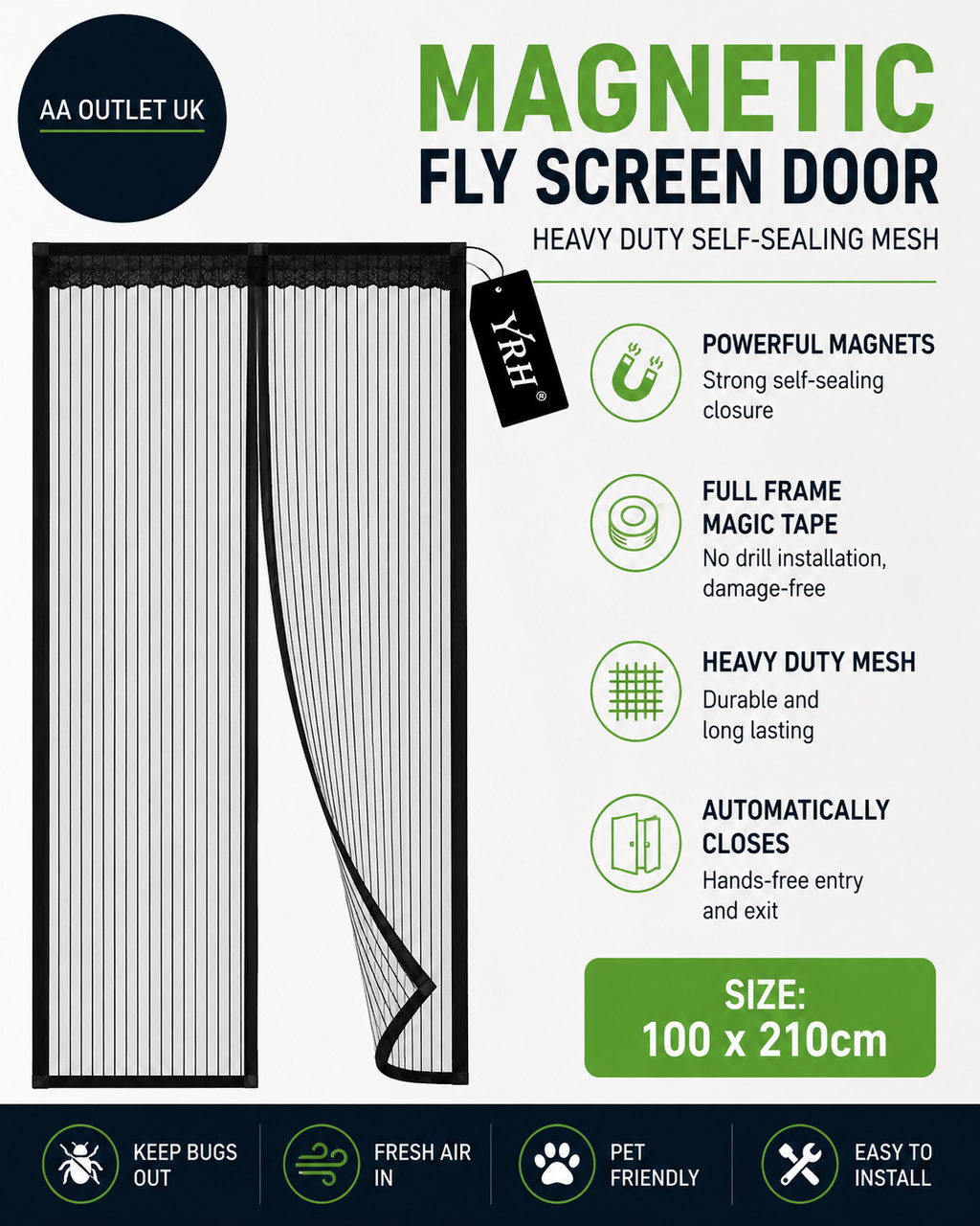 YRH Magnetic Fly Screen Door Heavy Duty Self Sealing Mesh 100x210cm Black