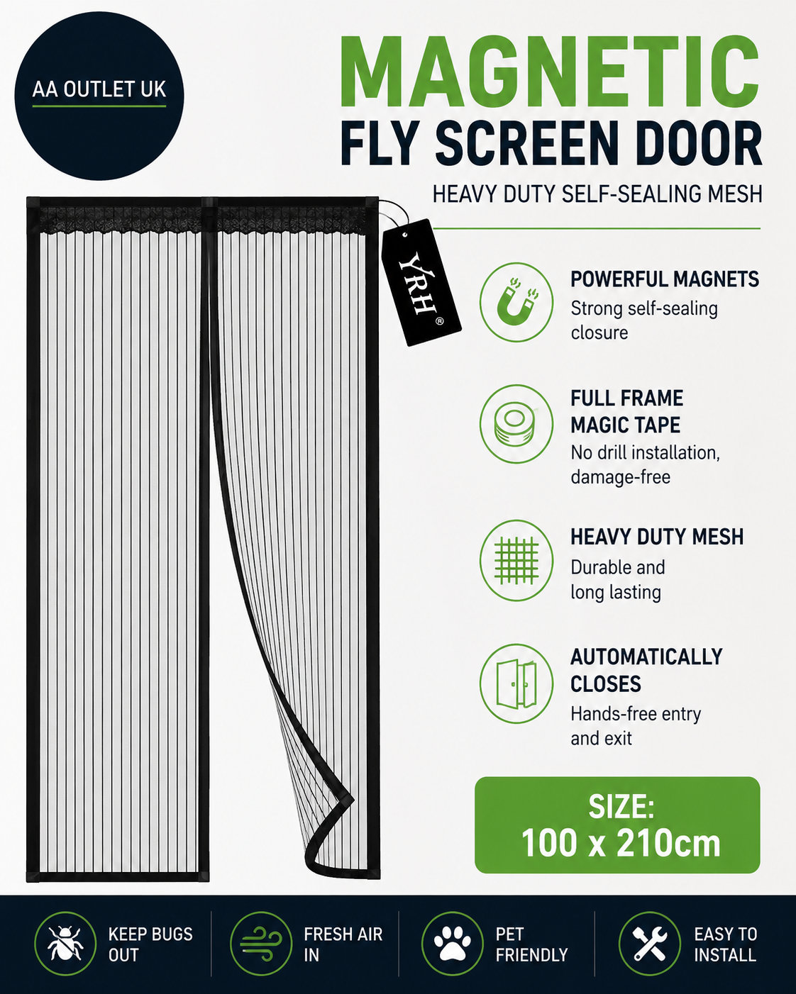 YRH Magnetic Fly Screen Door Heavy Duty Self Sealing Mesh 100x210cm Black