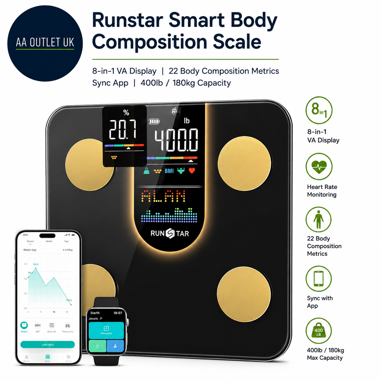 Runstar Scales Body Weight Bathroom Scale 8 In 1 VA Display High Precision