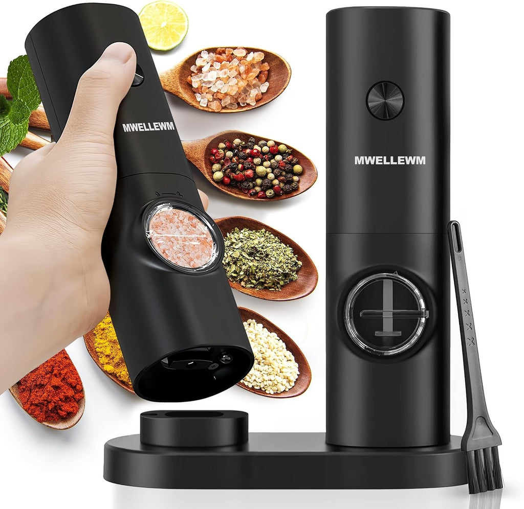 2pc Electric Salt Pepper Grinder Set Base Battery Powered Adjustable Black New