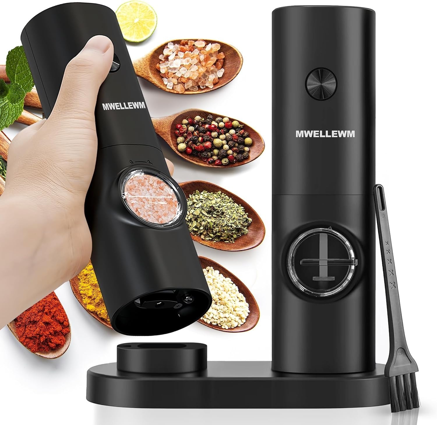 2pc Electric Salt Pepper Grinder Set Base Battery Powered Adjustable Black New