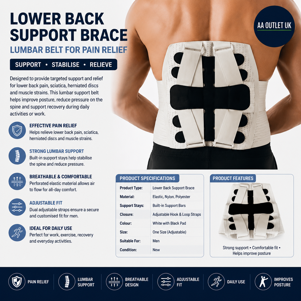 Lower Back Support Brace Lumbar Belt Sciatica Herniated Disc Pain Relief Men L