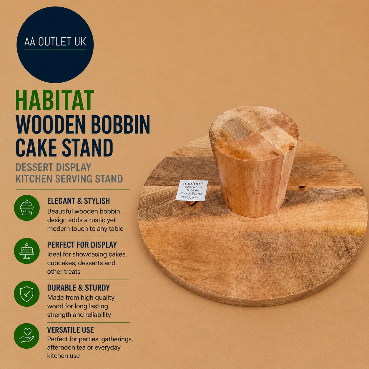 Habitat Wooden Bobbin Cake Stand Dessert Display Kitchen Serving Design New
