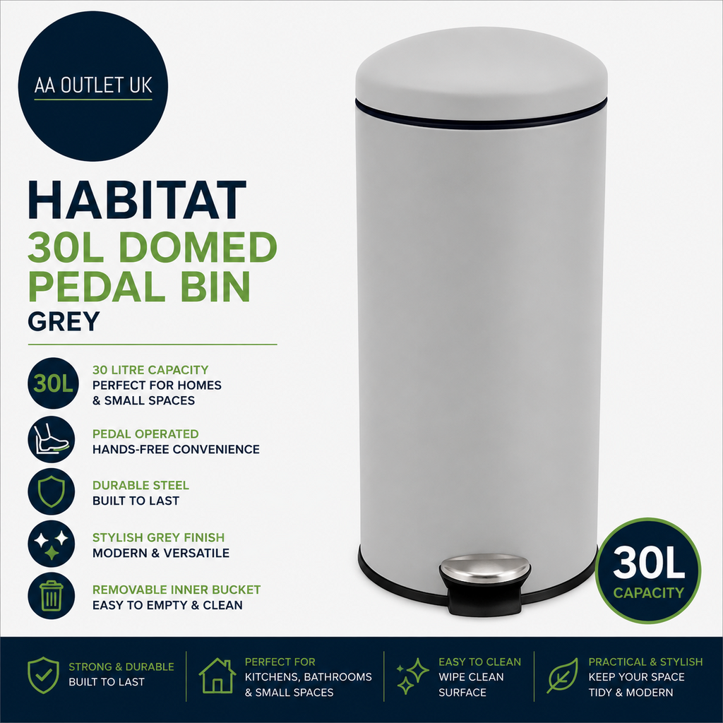Habitat 30Litre Round Kitchen Domed Pedal Bin Made From Carbon Steel Grey