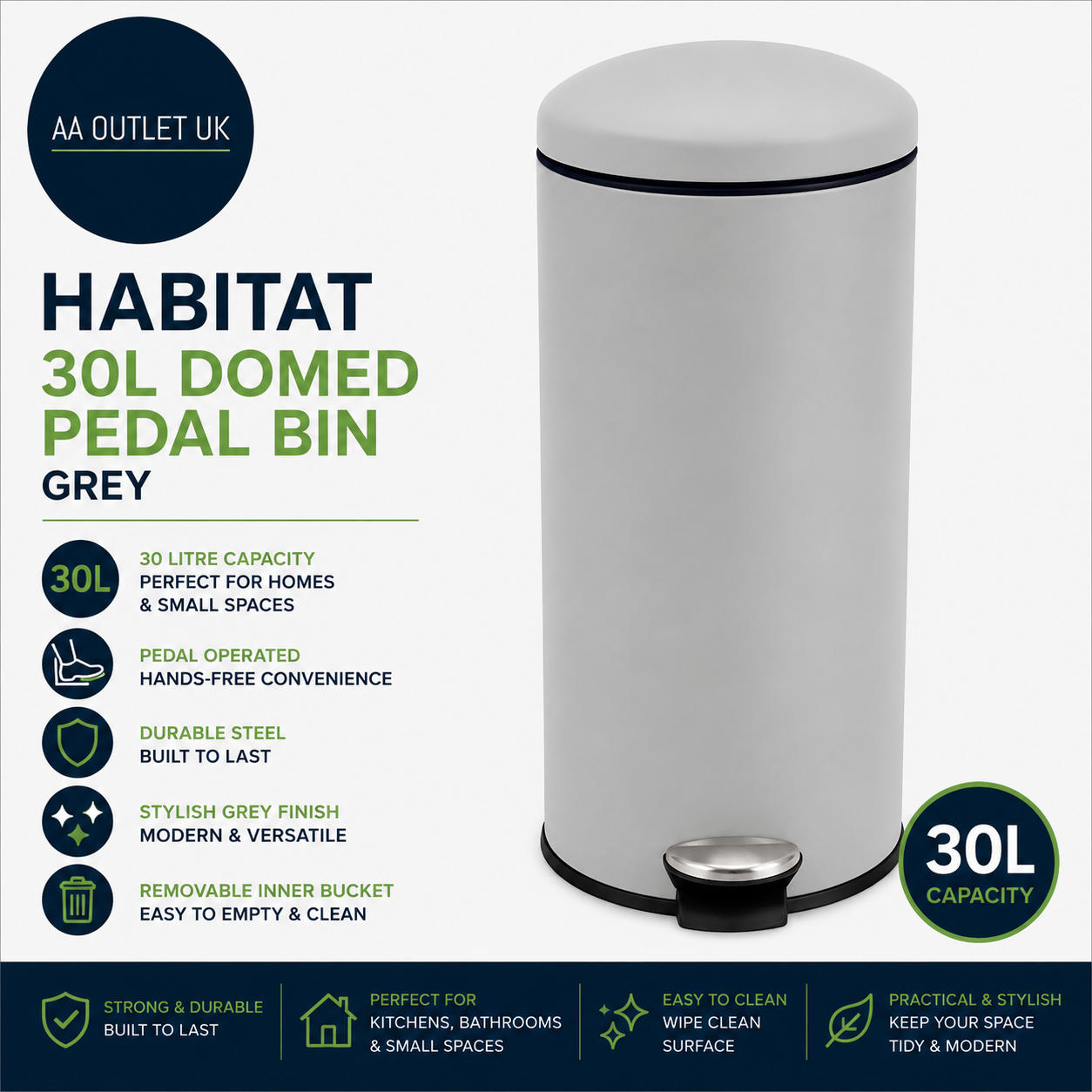 Habitat 30Litre Round Kitchen Domed Pedal Bin Made From Carbon Steel Grey