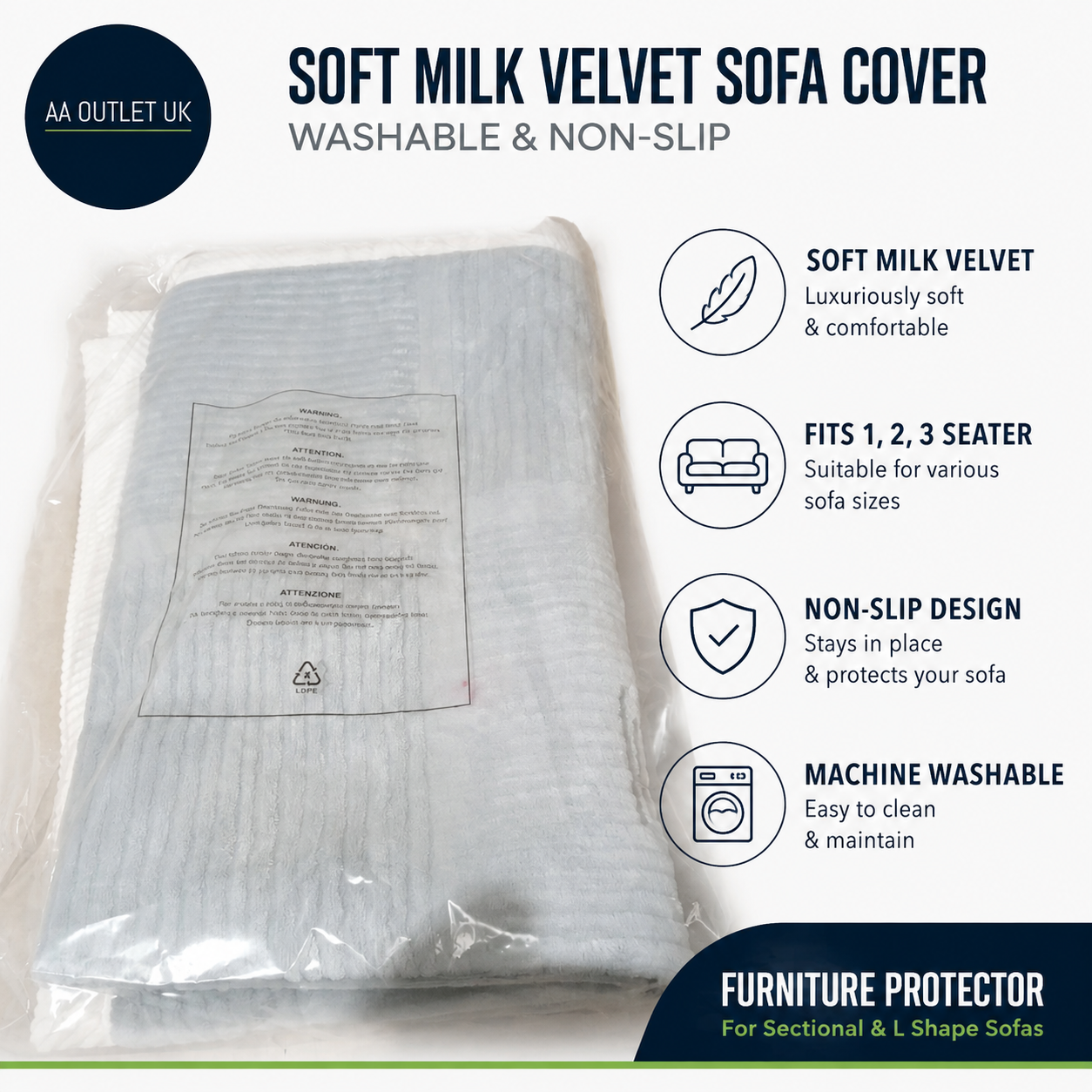 Soft Milk velvet Sofa Covers Washable 70x70in Non Slip 1 2 3 Seater Protector