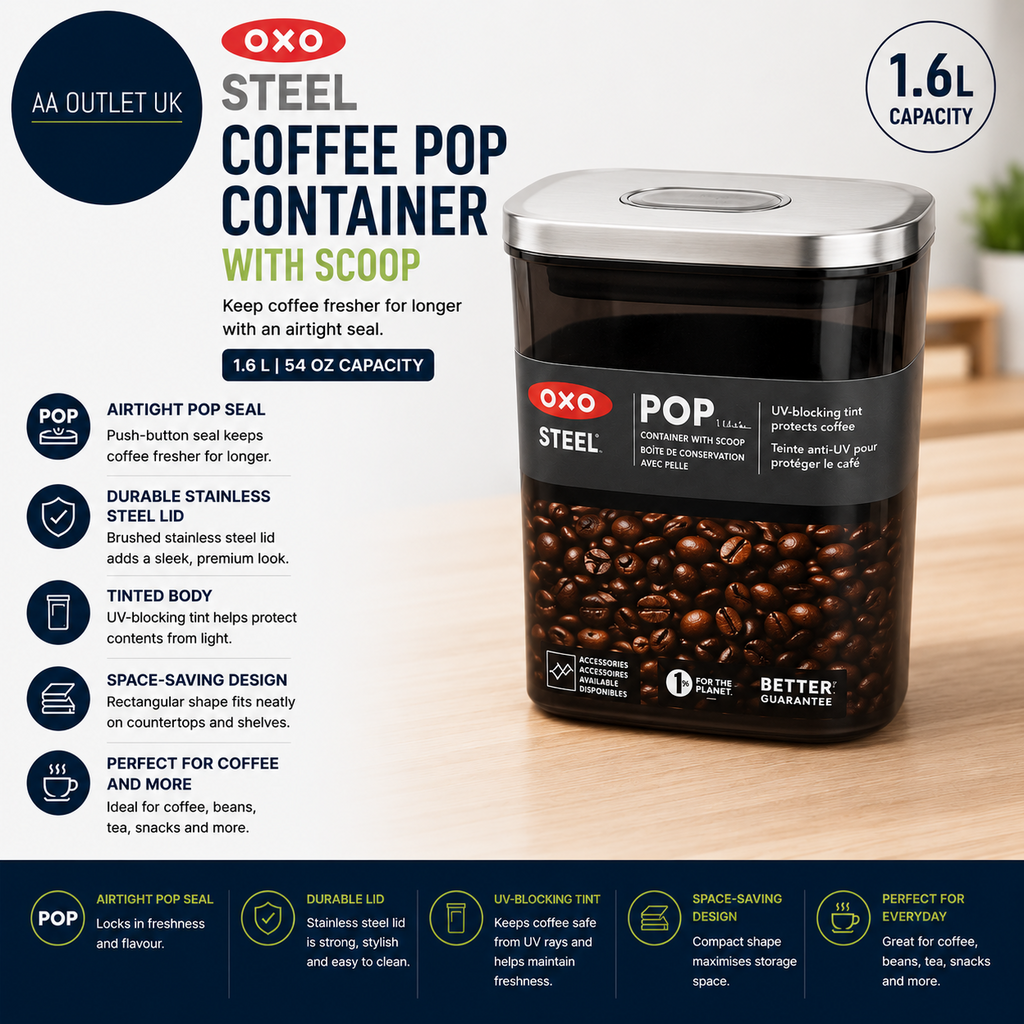 Oxo Steel Coffee Pop Container with Scoop 1.6L Airtight Storage Stainless