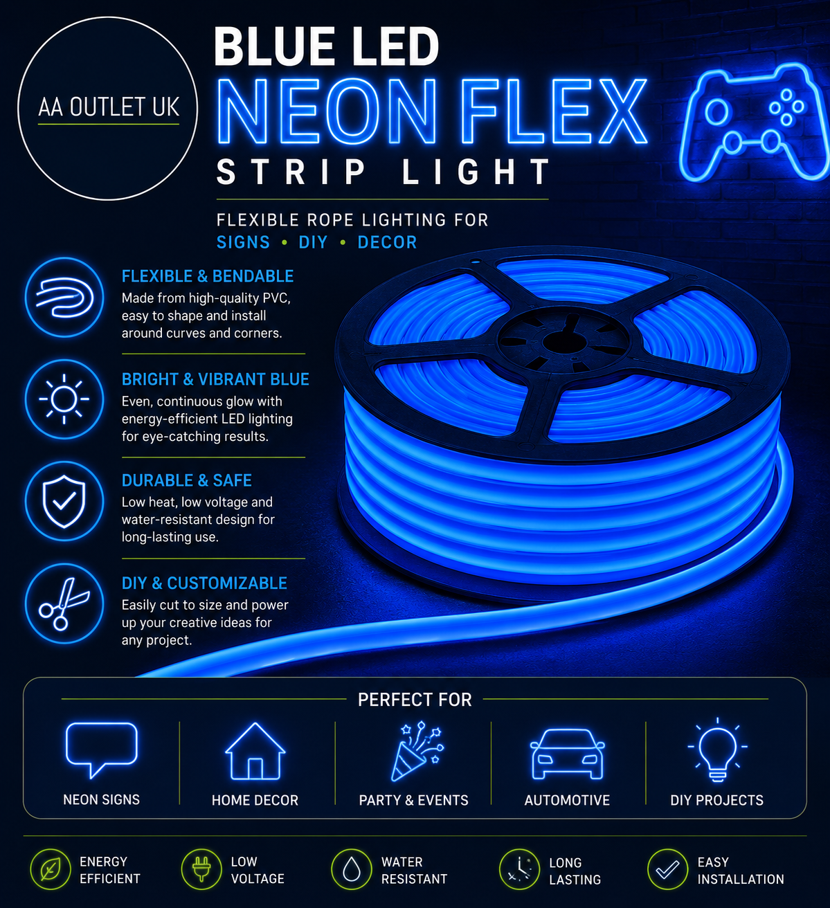Blue LED Neon Flex Strip Light Flexible Rope Lighting Sign DIY Decor Reel