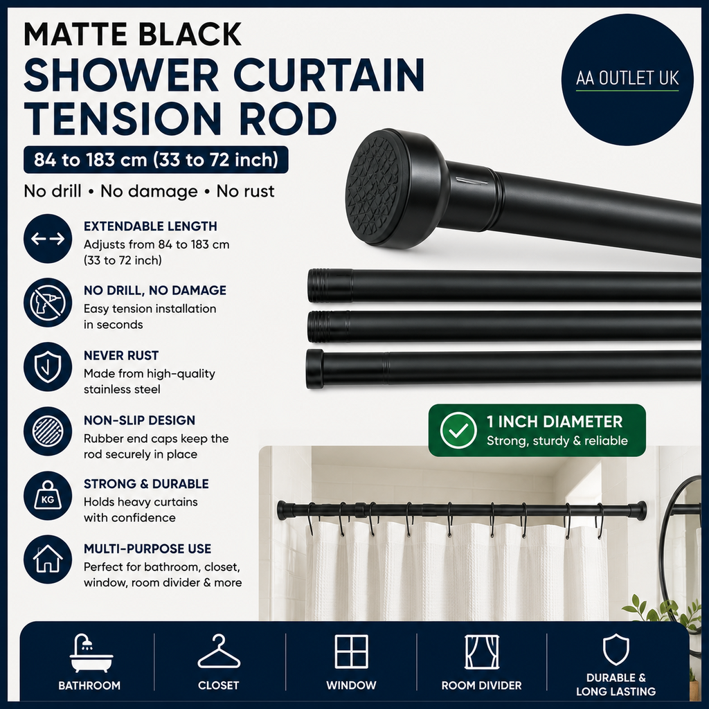 Matte Black Shower Curtain Pole 84 To 183cm 1in Extendable Tension Rods