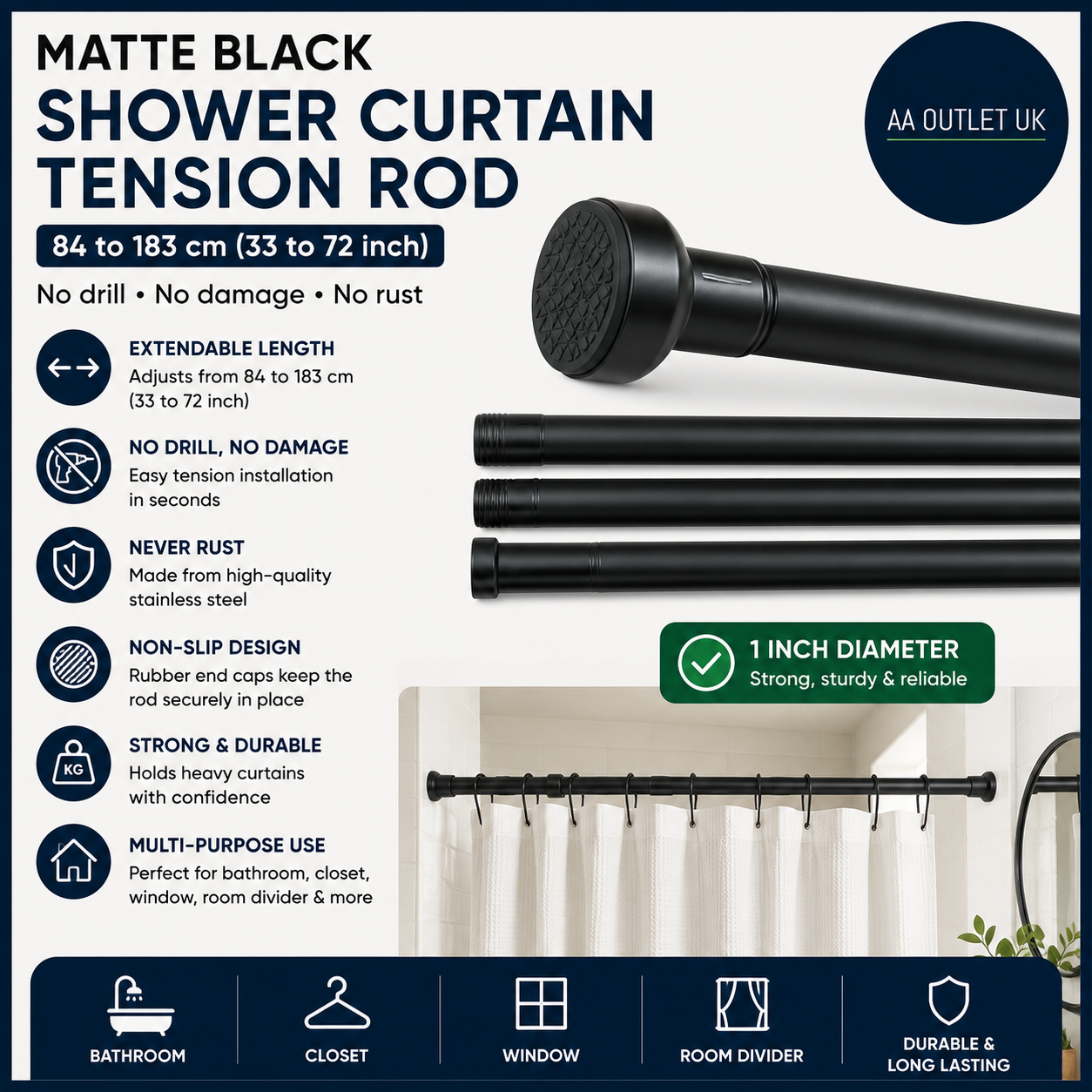 Matte Black Shower Curtain Pole 84 To 183cm 1in Extendable Tension Rods