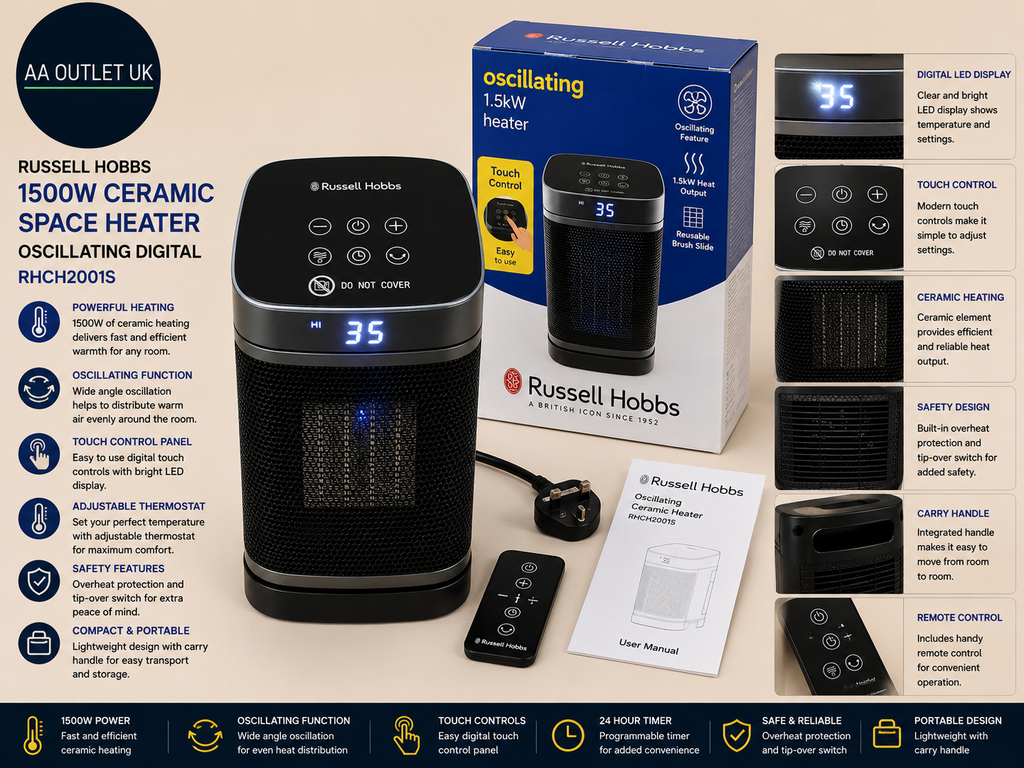 Russell Hobbs 1500W Ceramic Space Heater Oscillating Digital RHCH2001S Design