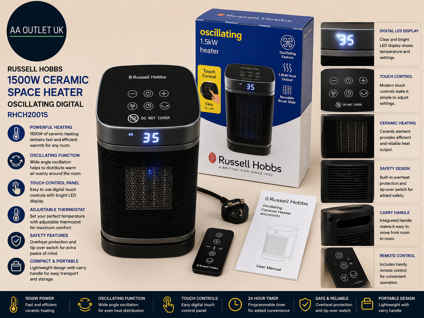 Russell Hobbs 1500W Ceramic Space Heater Oscillating Digital RHCH2001S Design