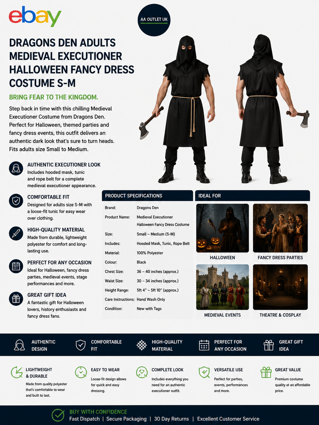 Dragons Den Adults Medieval Executioner Halloween Fancy Dress Costume S-M