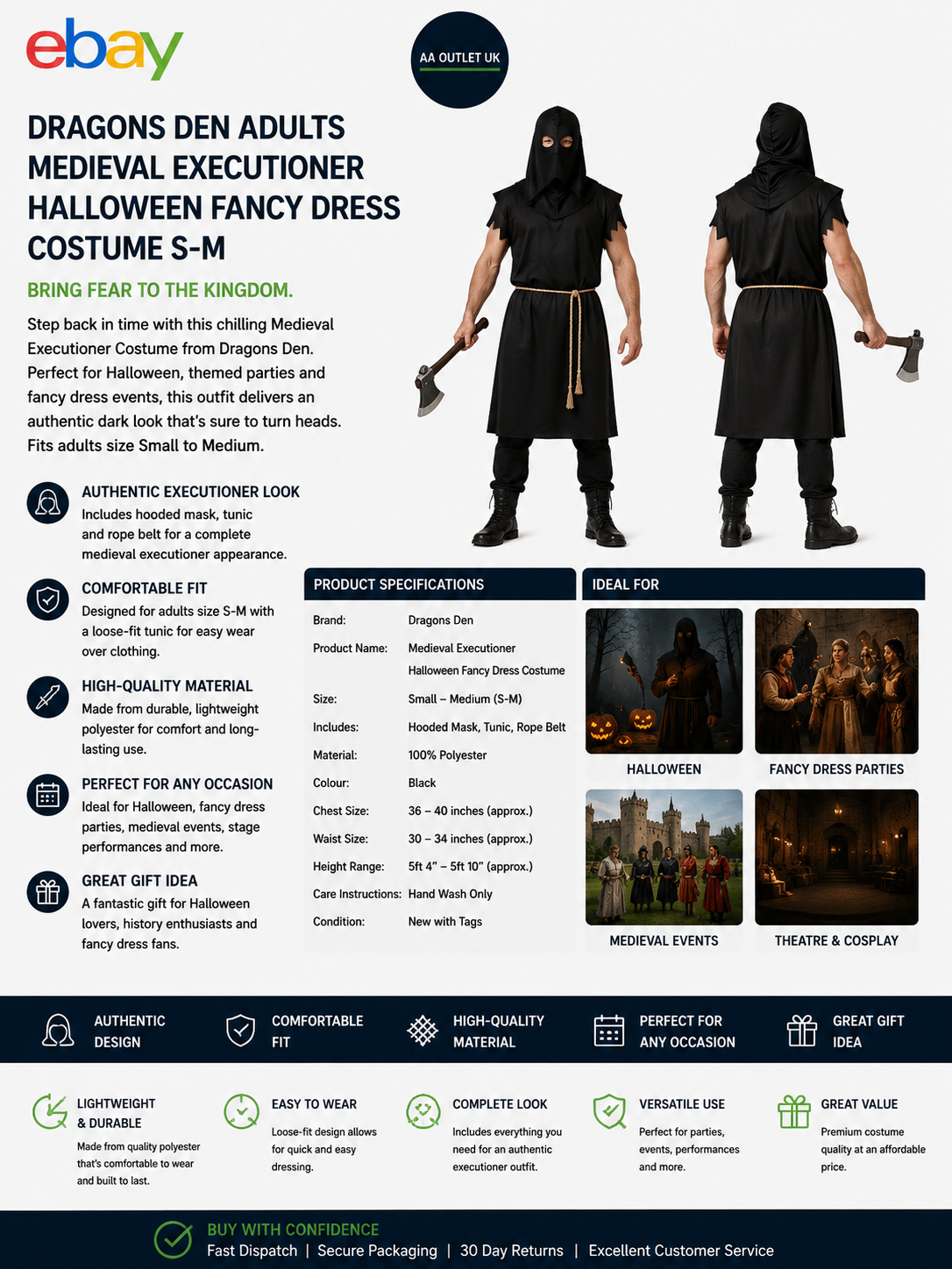Dragons Den Adults Medieval Executioner Halloween Fancy Dress Costume S-M