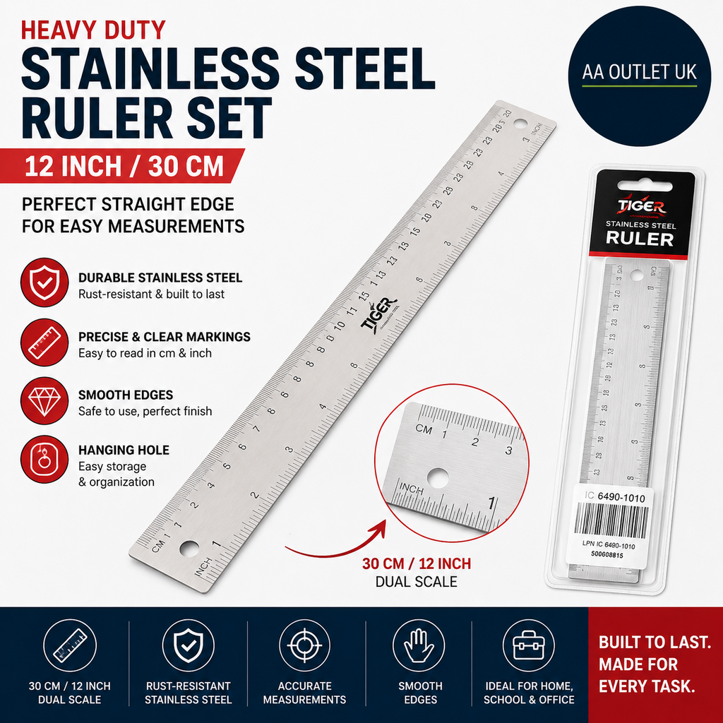 Heavy Duty Stainless Steel Ruler 12in 30cm Metal Kit Perfect Straight Edge
