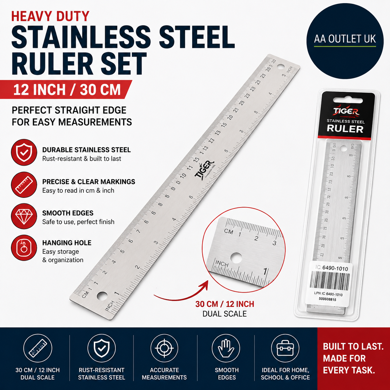 Heavy Duty Stainless Steel Ruler 12in 30cm Metal Kit Perfect Straight Edge