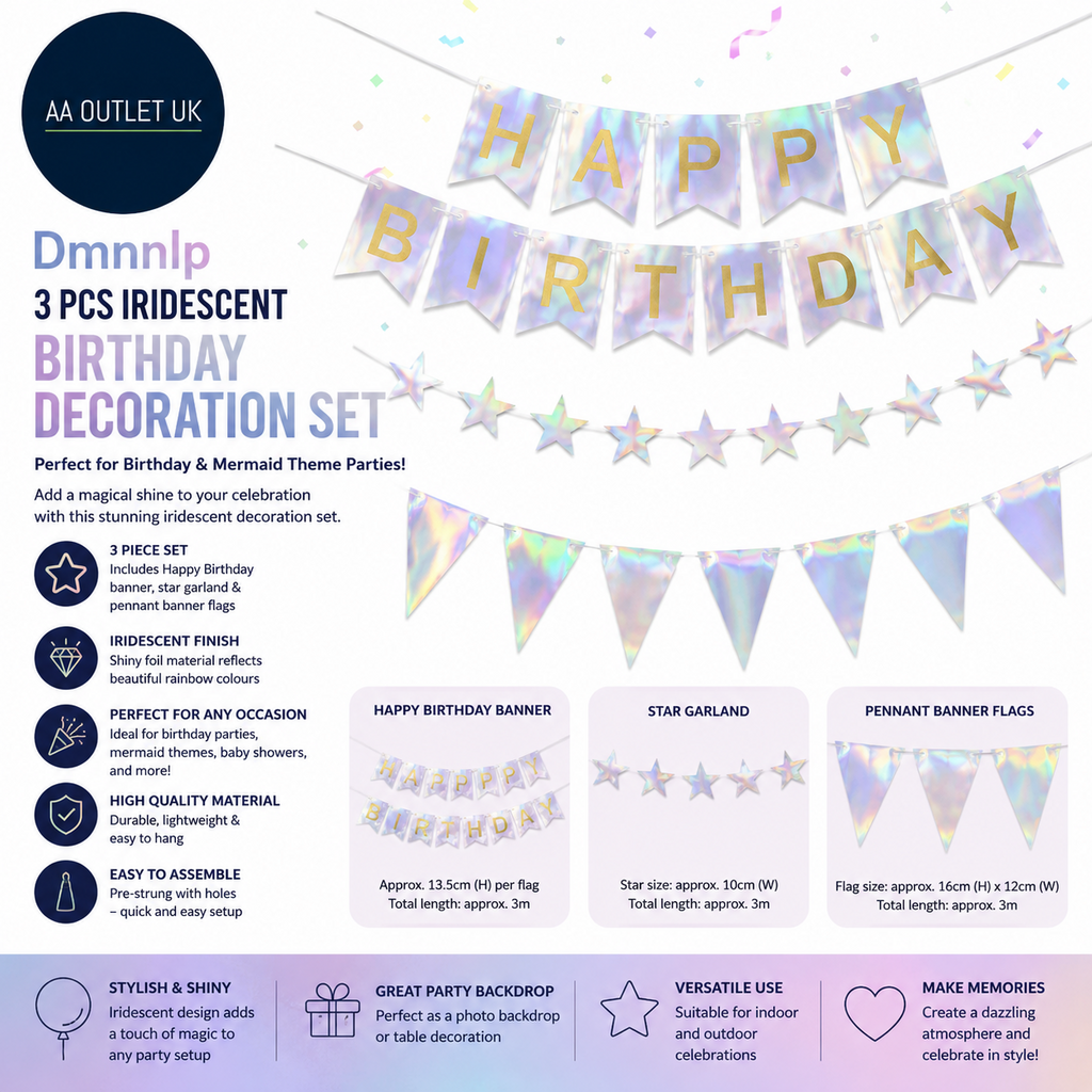 Dmnnlp 3 Pcs Iridescent Happy Birthday Banner Star Garland And Pent Banner Flag
