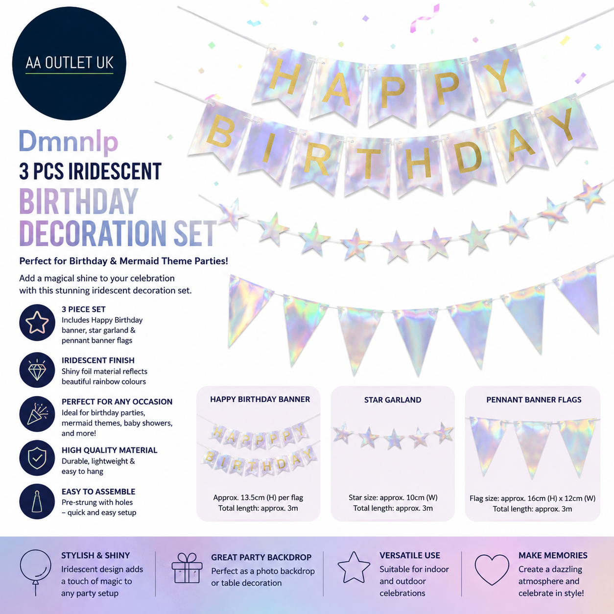 Dmnnlp 3 Pcs Iridescent Happy Birthday Banner Star Garland And Pent Banner Flag