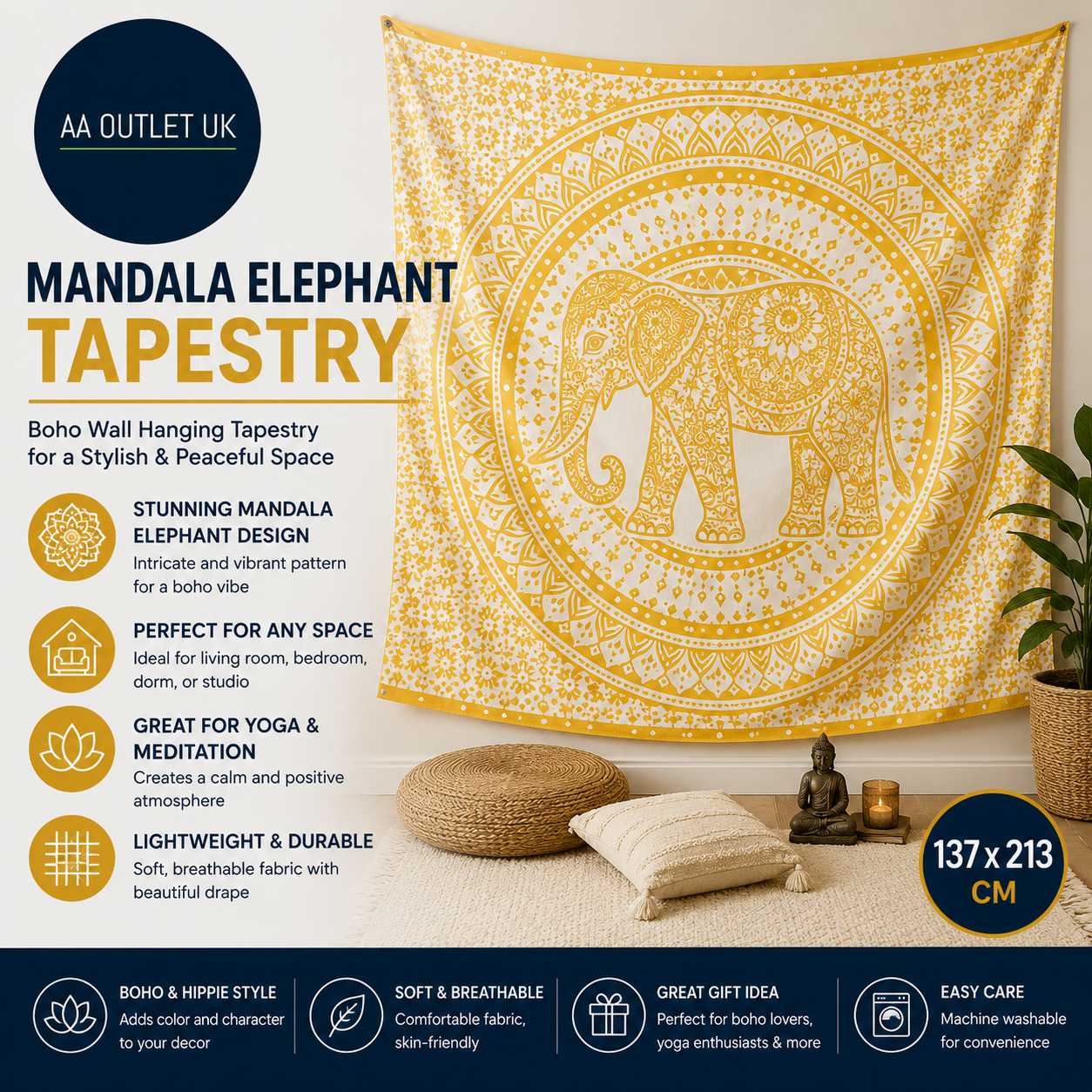 Craft Trade Mandala Elephant Tapestry Yellow Wall Hanging Boho Hippie Decor