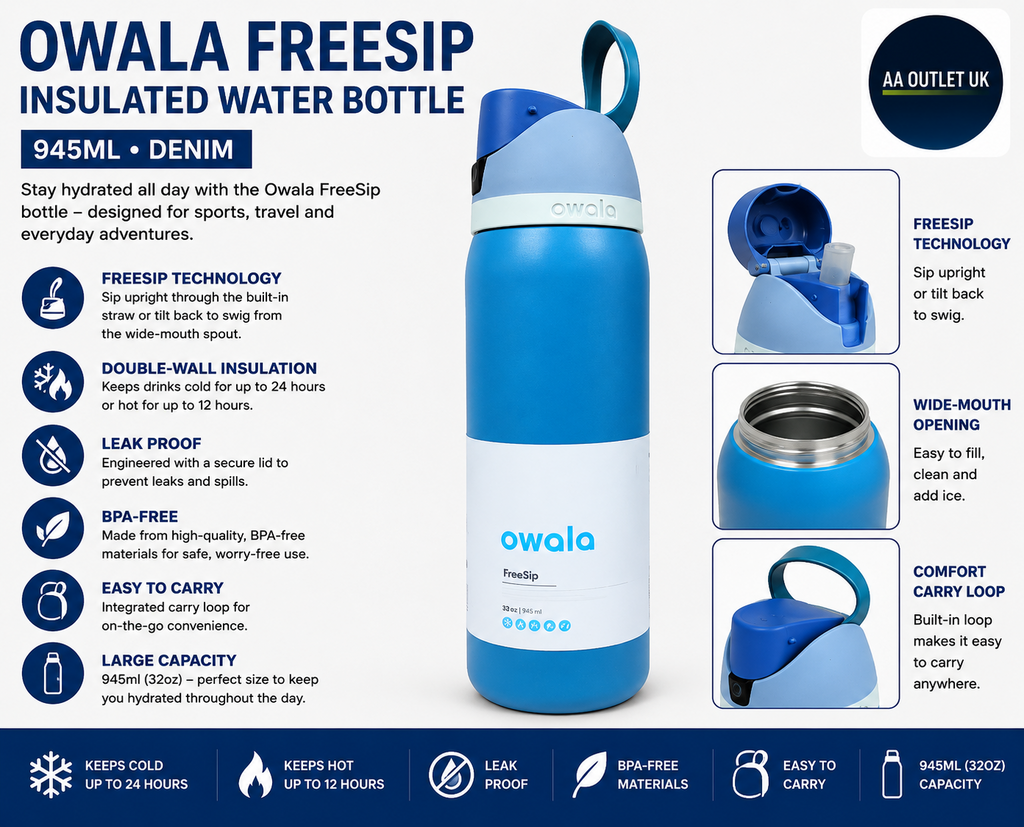 Owala FreeSip Insulated Stainless Steel Water Bottle Sports Leak Proof 945ml