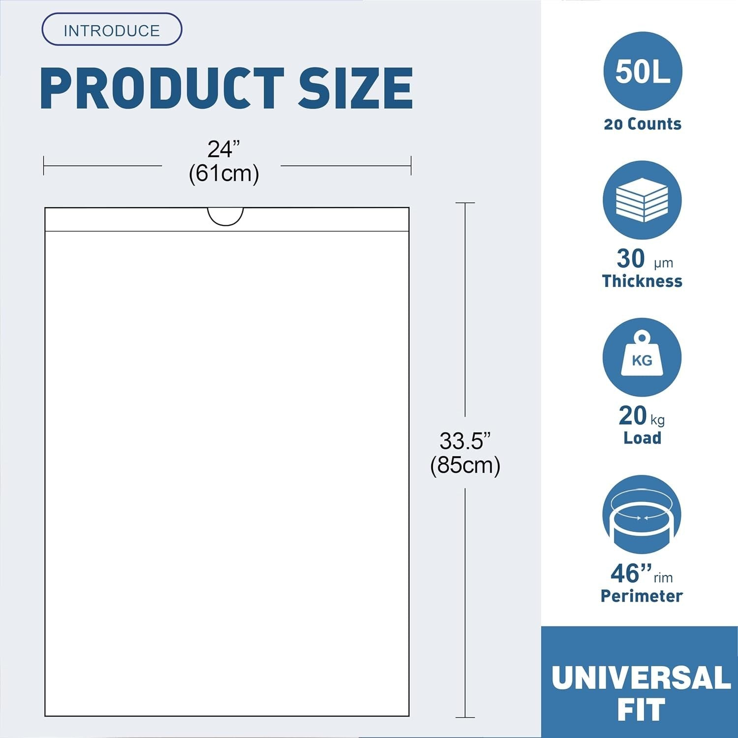 Yolaist 50L Bin Bags 20 Counts 30μm White Drawstring Liners No Perforation